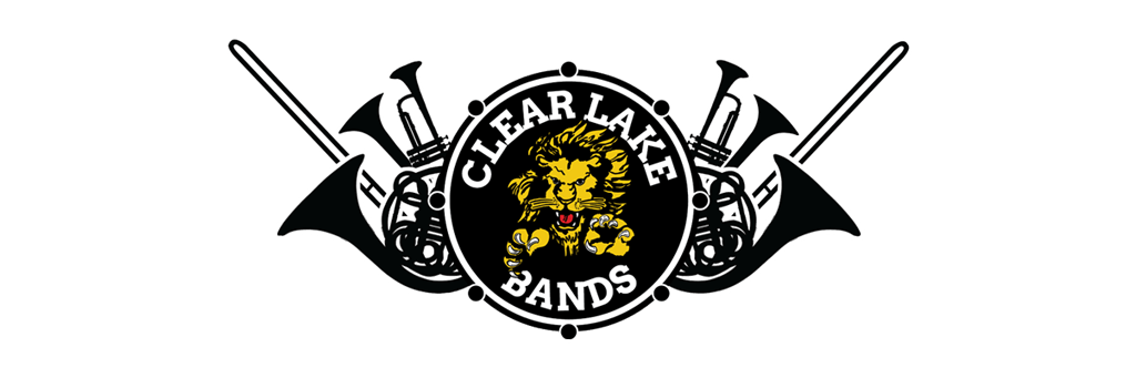 Clear Lake Bands logo, featuring a bass drum with Clear Lake Bands and the school's lion mascot printed on it. Behind the drum on both sides are a French horn, a trombone, and a trumpet.