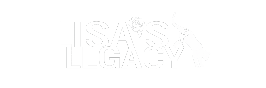 Lisa's Legacy logo, featuring the words Lisa's Legacy, with the apostrophe replaced by a rose and a cat stepping off the Y in legacy. A breast cancer ribbon silhouette is on the cat.