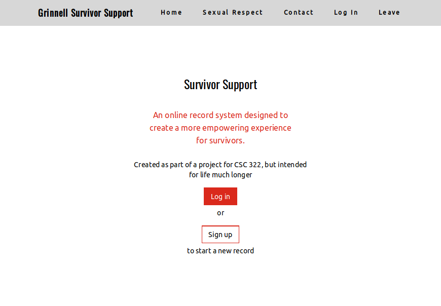 Grinnell College Survivor Support's user interface, with links including
         sexual respect policies and a discreet escape button, as well as links to log in or sign up for the sexual assault reporting service.